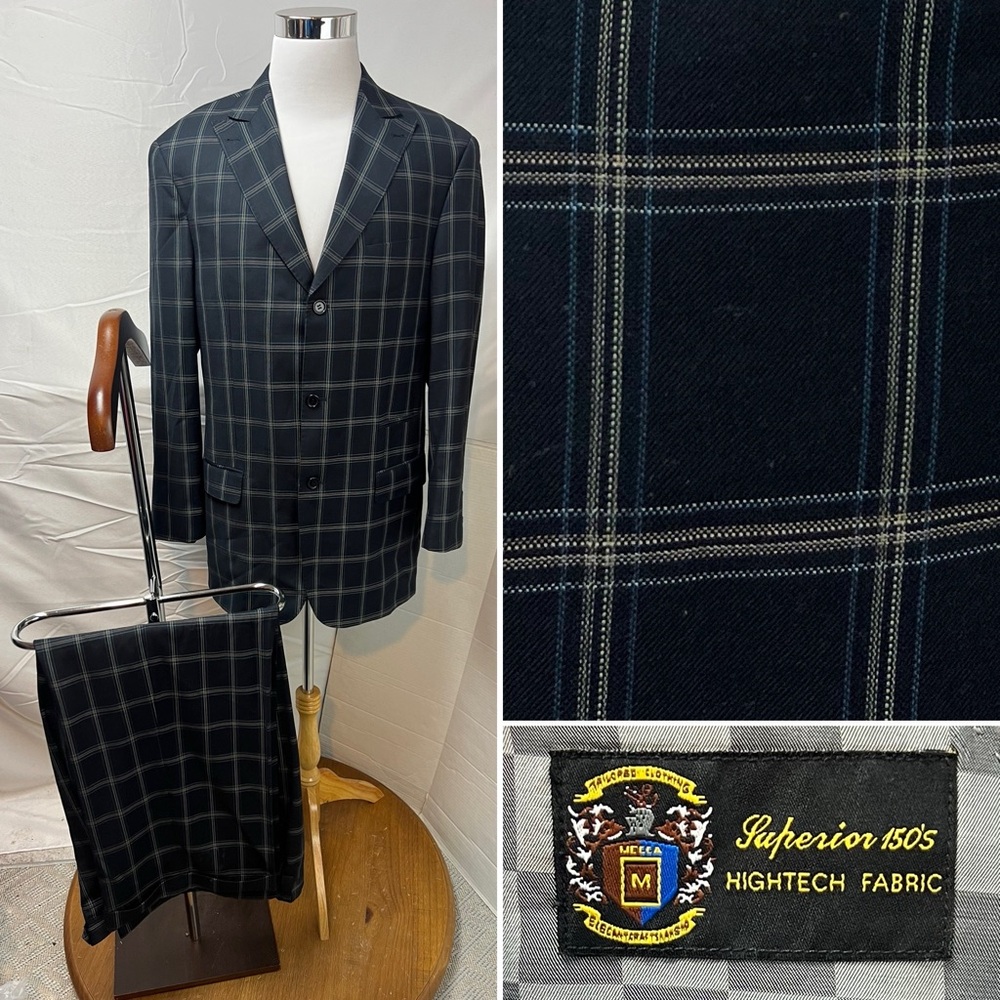 Mecca Men's 42L Blazer 36x30 Pants Navy Plaid 3-Button Suit